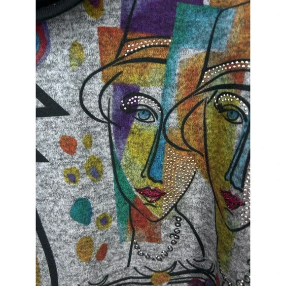 NEW Ali Miles XL Black Gray Abstract Face Art Cowl Neck 3/4 Sleeve Tunic Shirt - Picture 9 of 10